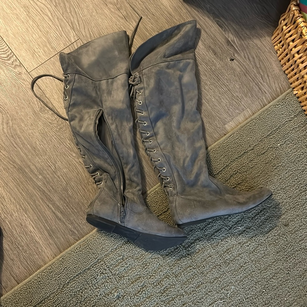 Grey knee high tie up back boots